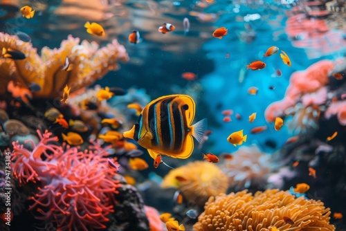 An underwater landscape teeming with colorful fish and vibrant corals showcases the mesmerizing beauty of marine life beneath the sea.        © Uliana