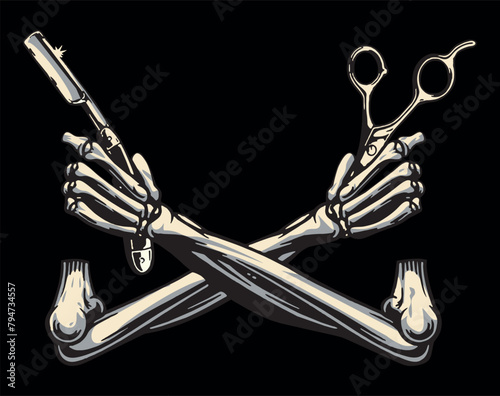 Vector illustration of skeleton arm holding razor and scissors. Art alluding to the barber shop.