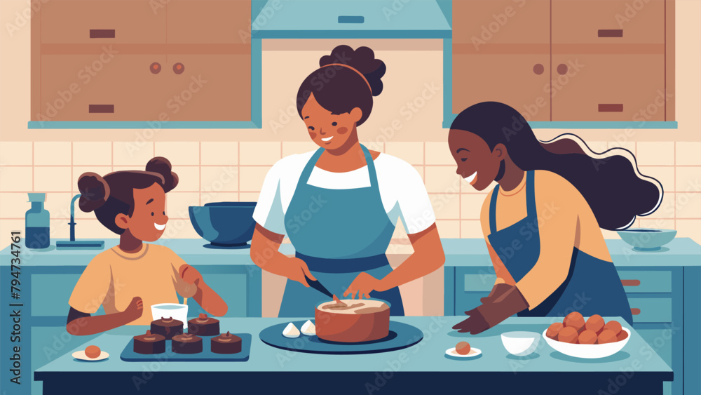 In a bustling suburban kitchen a busy mother and her children work together to make a batch of warm gooey brownies the perfect treat to share In a bustling suburban kitchen a busy mother and her children work together to make a batch of warm gooey brownies the perfect treat to share