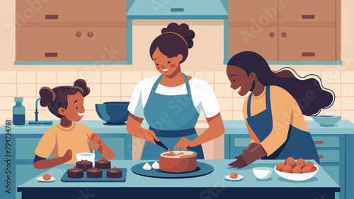 In a bustling suburban kitchen a busy mother and her children work together to make a batch of warm gooey brownies the perfect treat to share photo