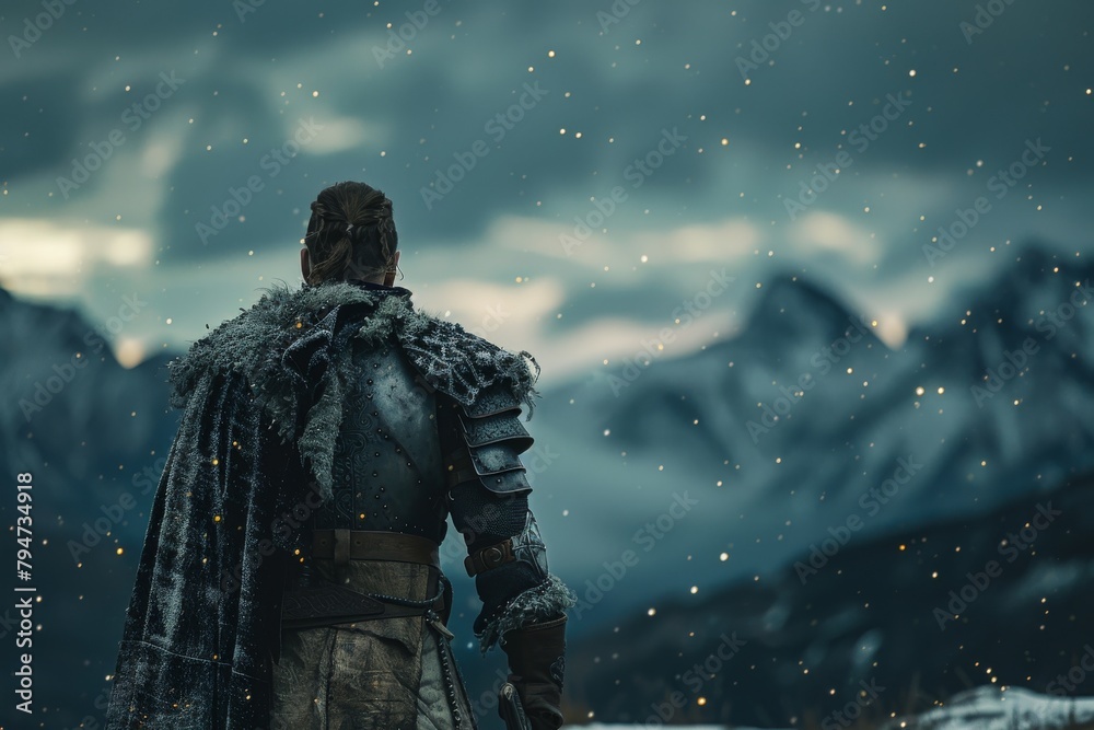 A Viking warrior stands with their back to us, silhouetted against towering mountains under a starry night sky, embodying strength and valor.
A Viking warrior stands with their back to us, silhouetted against towering mountains under a starry night sky, embodying strength and valor.
