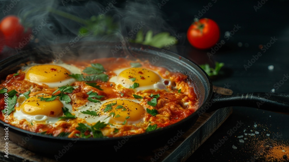 Two eggs cooked with sauce and herbs