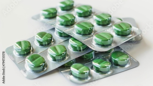 Close-up of green pills in packaging