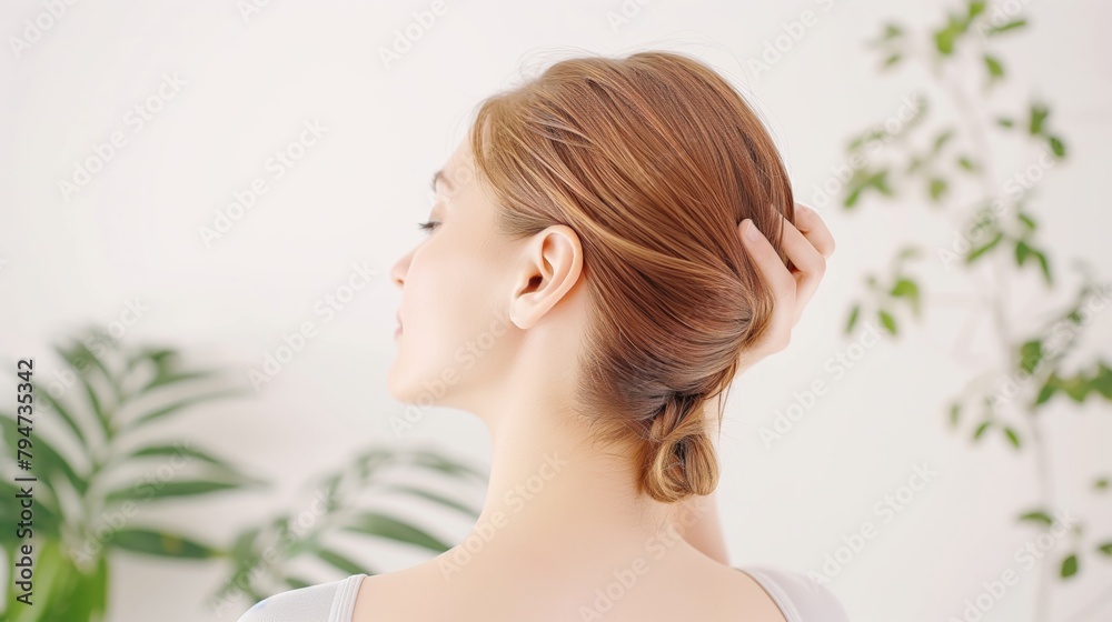 Rear view of a Japanese woman tying up her hair in a white room. Rear view of a Japanese woman tying up her hair in a white room.