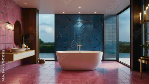 interior bathroom deign and decoration with showers set and interior tiles in the background in the combination of the blue and red color abstract background 