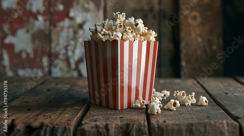 Vintage-style popcorn box placed on a rustic wooden surface, evoking nostalgia