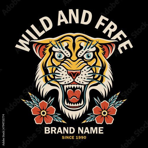 Tiger and flower with old school tattoo style