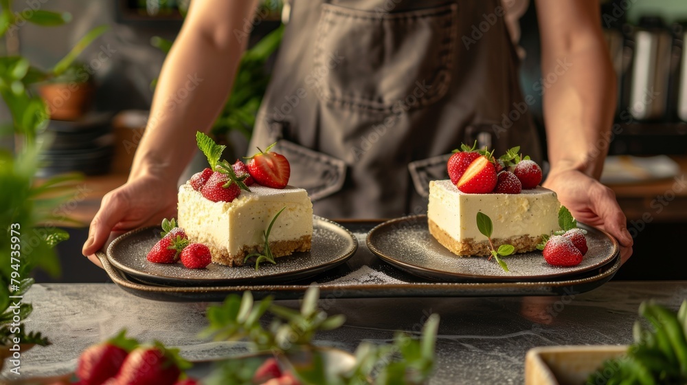 Two slices of creamy cheesecake topped with fresh strawberries presented on dark plates, garnished with mint.