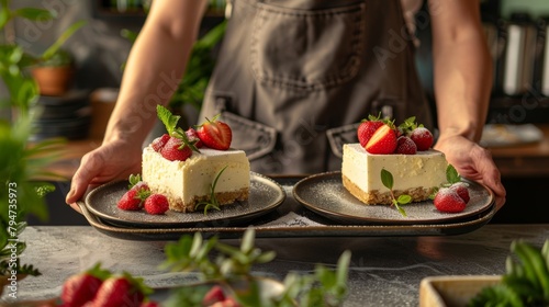 Two slices of creamy cheesecake topped with fresh strawberries presented on dark plates  garnished with mint.