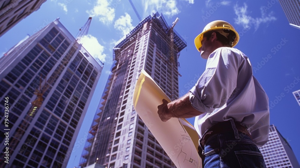 With hard hat and a blueprint in hand a determined construction worker surveys the progress of a modern office building. They can already envision the impact their sweat and determination . With hard hat and a blueprint in hand a determined construction worker surveys the progress of a modern office building. They can already envision the impact their sweat and determination .