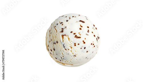 A scoop of ice cream with brown spots on a white background