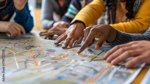 A diverse group of individuals standing around a map, pointing and discussing locations and routes