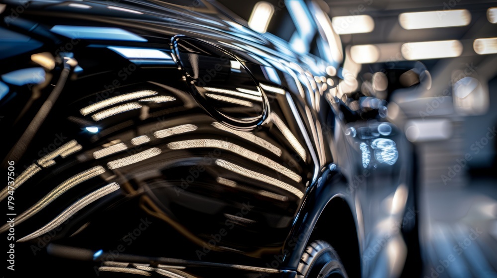 A closeup of the front quarter panel of a car in a car showroom, showcasing its glossy exterior under soft natural light