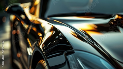 A close-up view of a black car parked on a city street, showcasing its sleek design under natural lighting