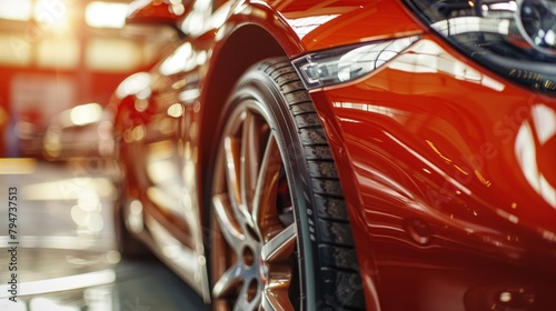 A detailed close up of a red car parked in a garage  showcasing the front quarter panel under soft natural light