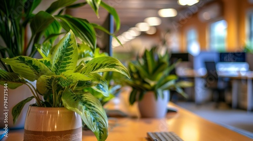 Two green plants arranged neatly on top of a wooden table in an office space
