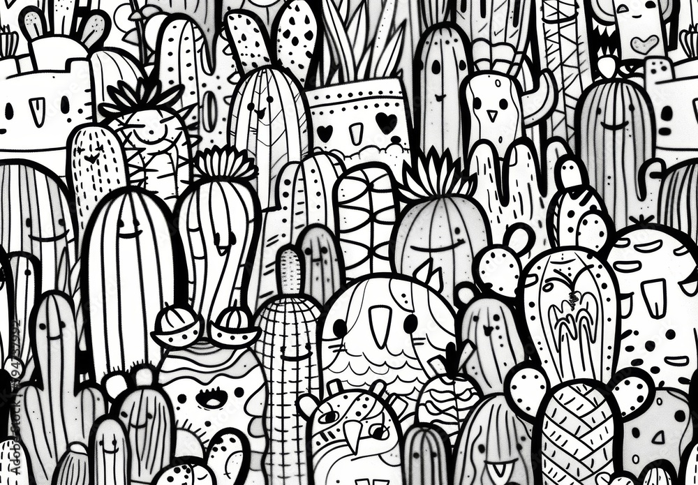 A doodle art pattern of various cute cacti and desert creatures