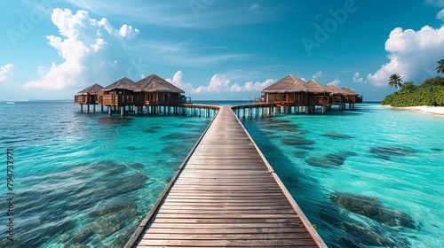 Rustic wooden pier leading to elegant water villas, with a pristine beach in the backdrop