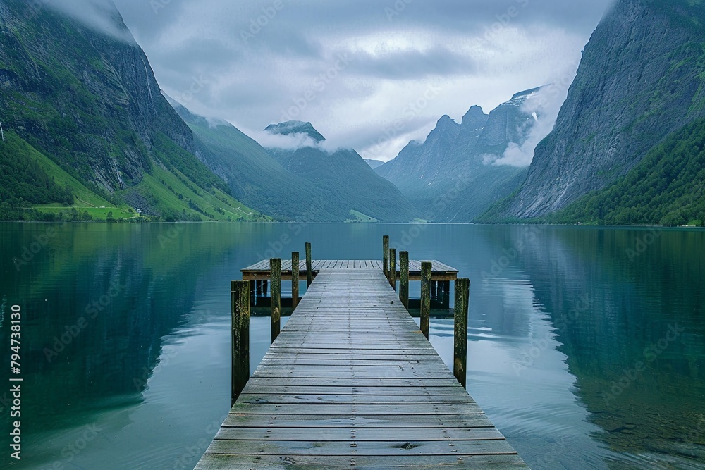 Tranquil scene of a wooden pier stretching into a calm lake, flanked by towering mountains