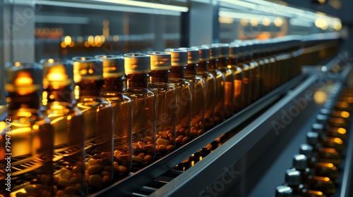 A production line with rows of vials containing pills showcases the precision of modern pharmaceutical manufacturing.