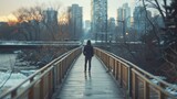 A lone figure stands on a wooden bridge back to the camera as they overlook a peaceful river running through a bustling urban . .