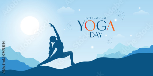 international yoga day wishes or greeting banner, flat blue art yoga pose & mountain Illustration with sun, social, media, wishing, greeting, wishes, poster, design, vector, file,