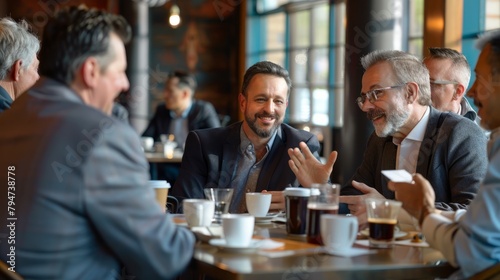 Men sitting around table engaged in networking discussions in business meeting