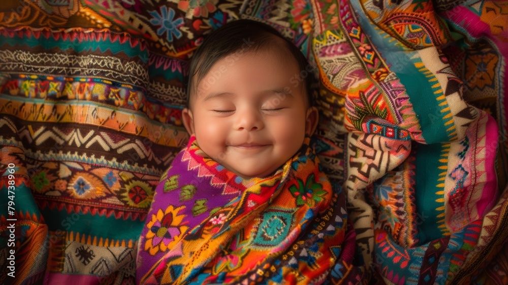 An adorable baby smiling contently while cocooned in bright, patterned fabrics, expressing warmth and comfort.
