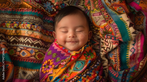 An adorable baby smiling contently while cocooned in bright, patterned fabrics, expressing warmth and comfort.