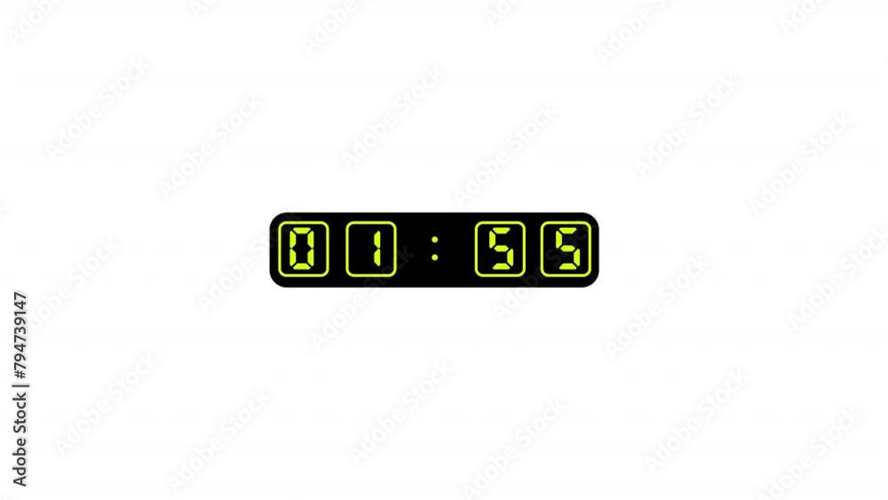 2 minute countdown timer on black background, 2 minutes countdown clock timer animation, digital two minute countdown timer. Animation of 2 minute timer counter.