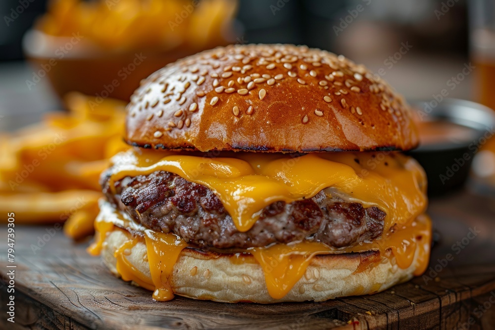 Gourmet Burger with Melting American Cheese Close-Up for American Cheese Month Gourmet Burger with Melting American Cheese Close-Up for American Cheese Month