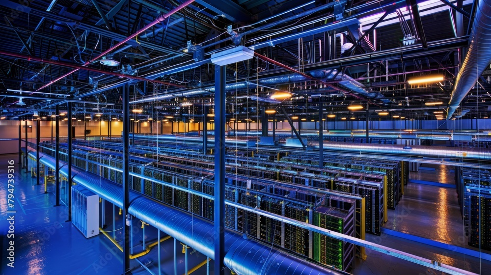 An expansive data center room filled with rows of computers and networking equipment
