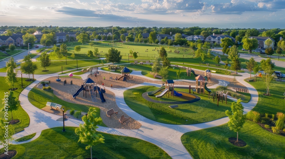 A drones eye view of a playground in a park, showing swings, slides, and children playing in an outdoor recreational area