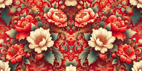 Spring red flowers backdrop beautiful floral seamless pattern of fabric flowers baroque colorful decoration wallpaper background #794739542
