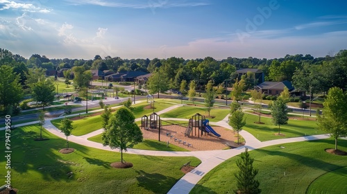 A drones aerial view showing the park below, with a playground area visible among the greenery