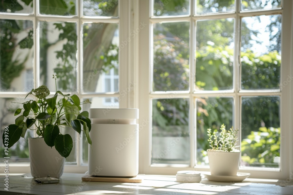 Clean Air Haven: Serene Home Office with Air Purifier and Garden View