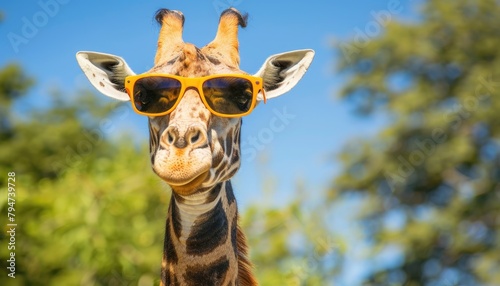 A giraffe wearing sunglasses and a yellow shirt by AI generated image photo