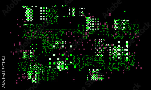 Screen with neon pixel glitches and flickers. Concept vector illustration of a broken or malware program.