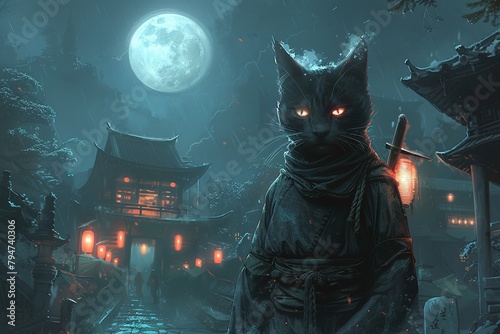 Anthropomorphic cat ninja standing alert at the entrance of a moonlit temple, eyes glowing, tense atmosphere