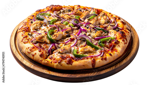 Purplish red pizza with chicken, onion and green peppers on a wooden plate against a white background