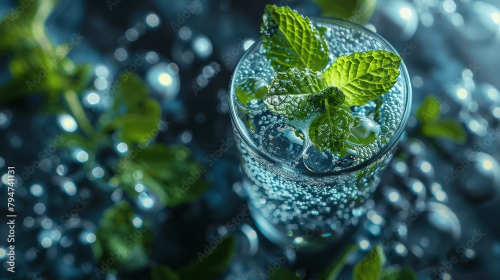 A close-up of a glass of Mojito cocktail with a mint leaf.