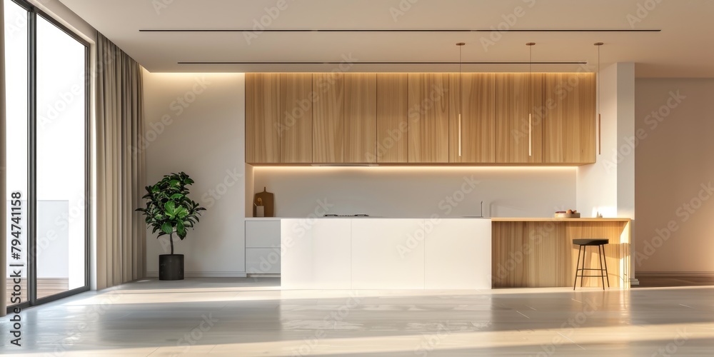 A large kitchen with white cabinets and a wooden counter by AI generated image A large kitchen with white cabinets and a wooden counter by AI generated image