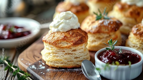 Freshly baked scones arranged on a rustic wooden board, served with clotted cream and jam.
