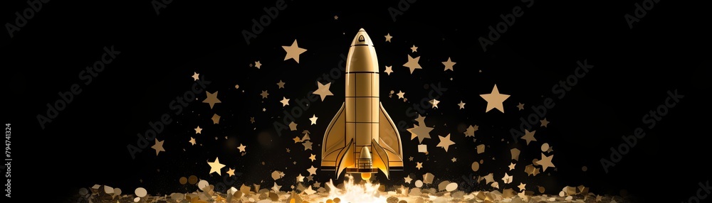 A golden rocket ship blasting off into space with stars in the background.