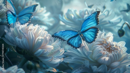 Stunning oil painting of blue butterflies fluttering gracefully amidst lush chrysanthemum blooms, a masterpiece of nature. 
