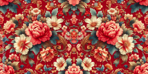Spring red flowers backdrop beautiful floral seamless pattern of fabric flowers baroque colorful decoration wallpaper background