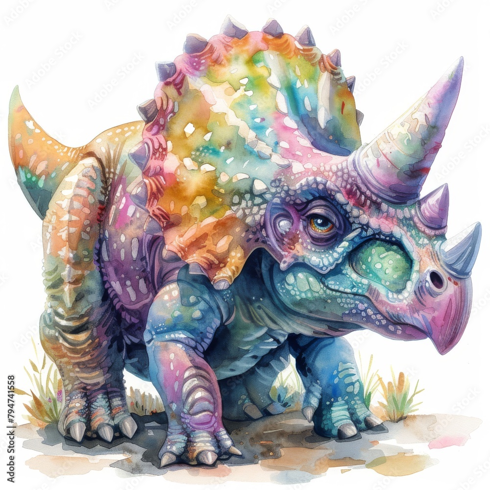 Fototapeta premium A watercolor painting of a rainbow triceratops dinosaur.