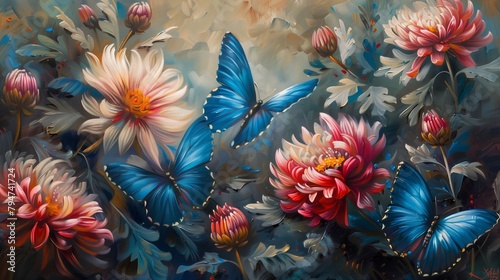 Exquisite blue tropical butterflies alighting on vibrant chrysanthemum flowers, captured in vivid detail with oil paints. 