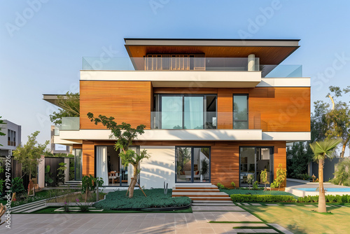 Modern luxury minimalist cubic house with pitched roof, villa with wooden cladding and panel walls and landscaping design front yard. Residential architecture exterior with pool. © Sangkarn