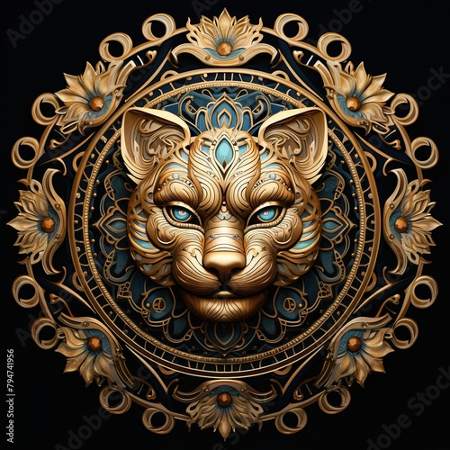 A golden lion's head with blue eyes, surrounded by a mandala of intricate patterns and flowers.